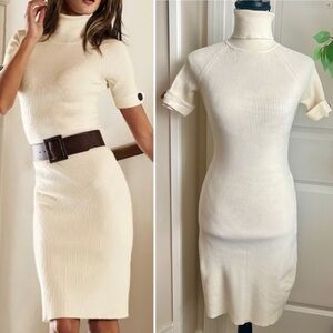Moda International Y2K Ribbed Turtleneck Short Sleeve Sweater Dress Cream Sz S